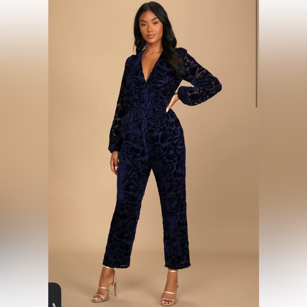 Lulus Navy Blue Velvet Long Sleeve Jumpsuit